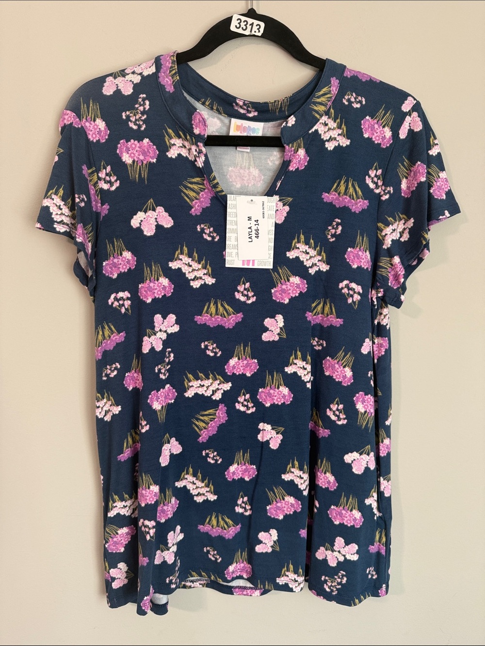 LuLaRoe Navy Short Sleeve Tee with Pink Floral Print